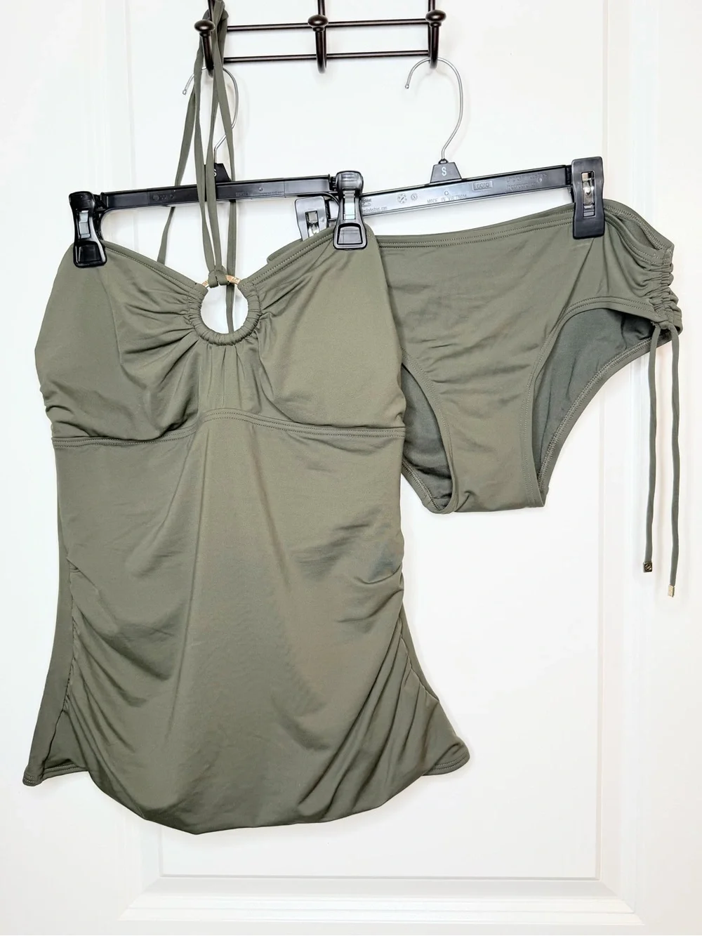 Michael Kors Olive Green Tankini Swimsuit 2Pc Set Ruched Halter Ring Small